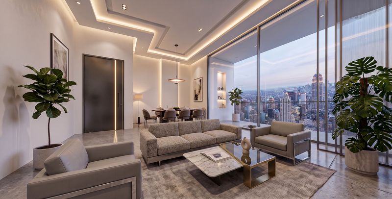 Living room of a two bedroom residence with floor-to-ceiling glazing