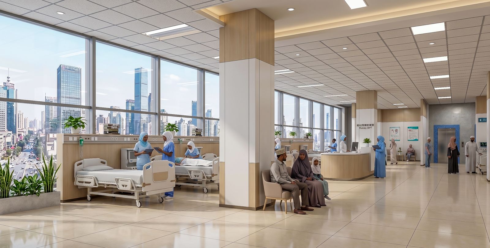 Reception desk and patient bays of the medical centre, with city views