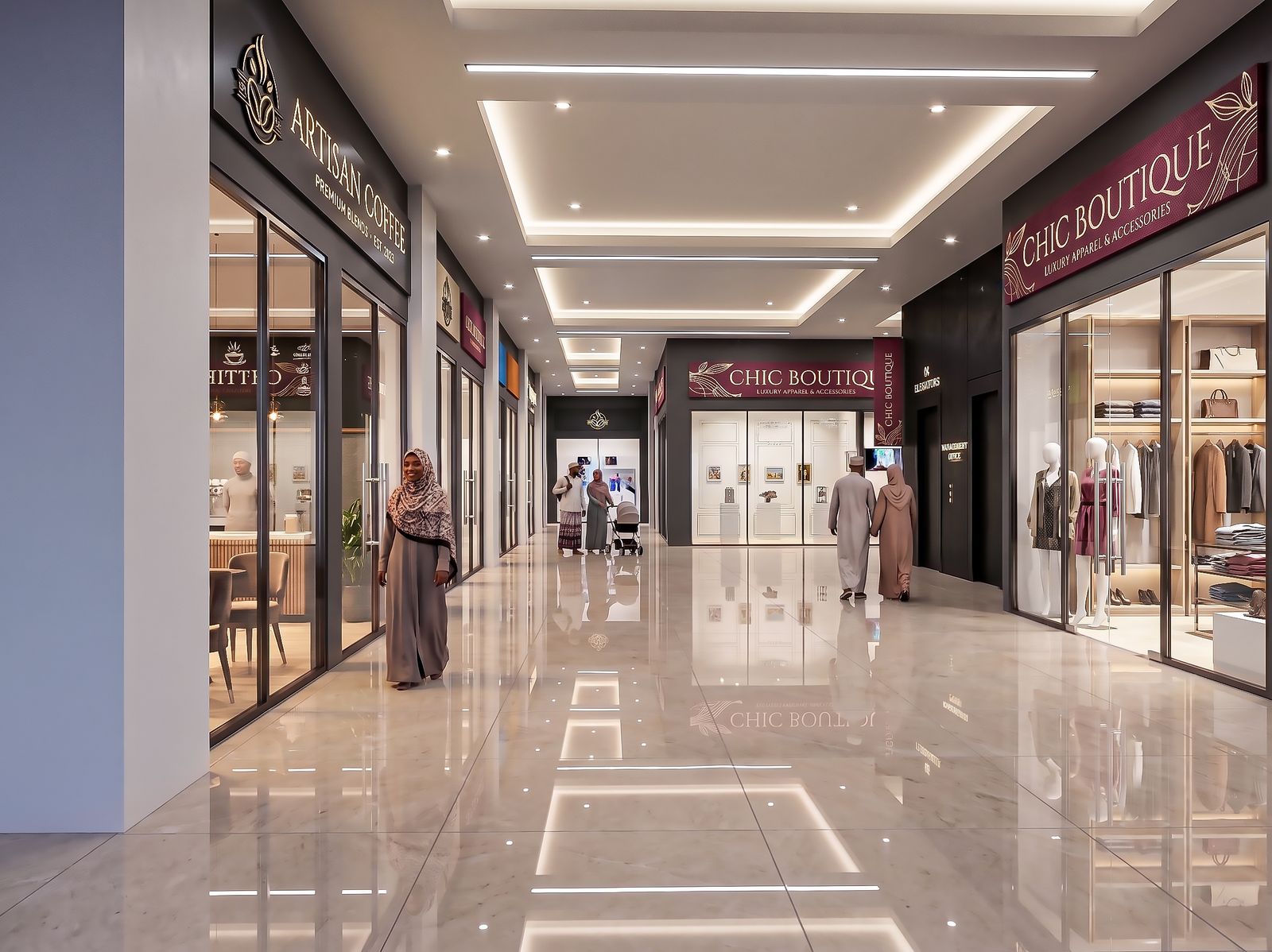Boutique storefronts along the retail podium corridor